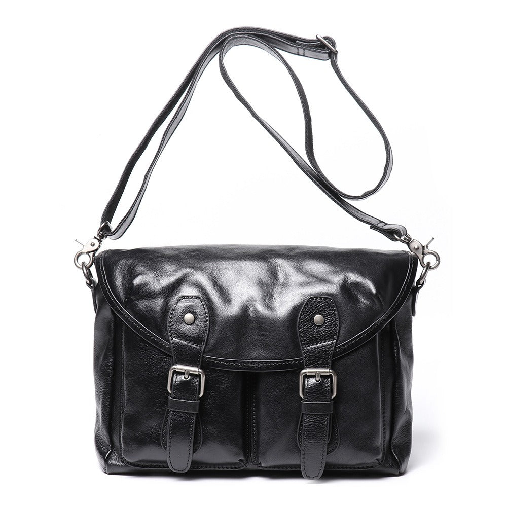 Woosir Black Full-Grain Leather Messenger Bag white front variant Black