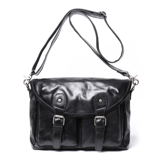 Woosir Black Full-Grain Leather Messenger Bag white front variant Black