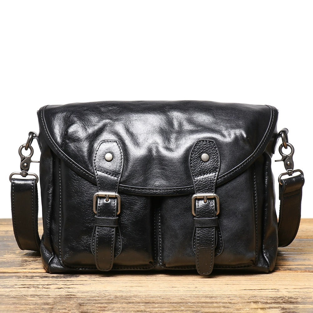 Woosir Black Full-Grain Leather Messenger Bag front detail