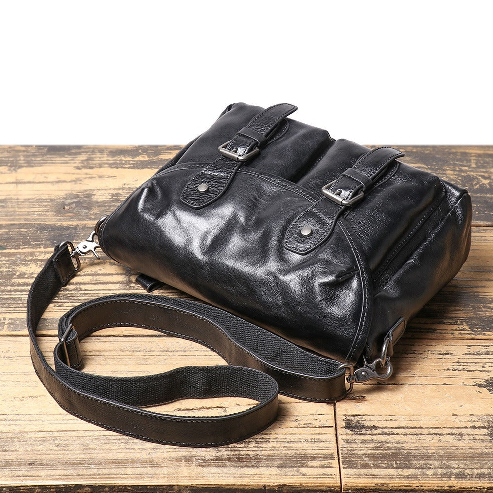 Woosir Black Full-Grain Leather Messenger Bag top view