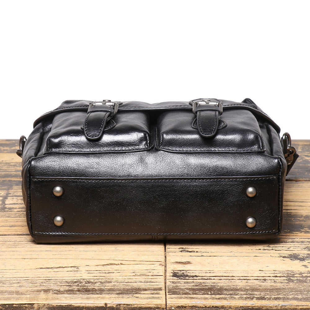 Woosir Black Full-Grain Leather Messenger Bag bottom view