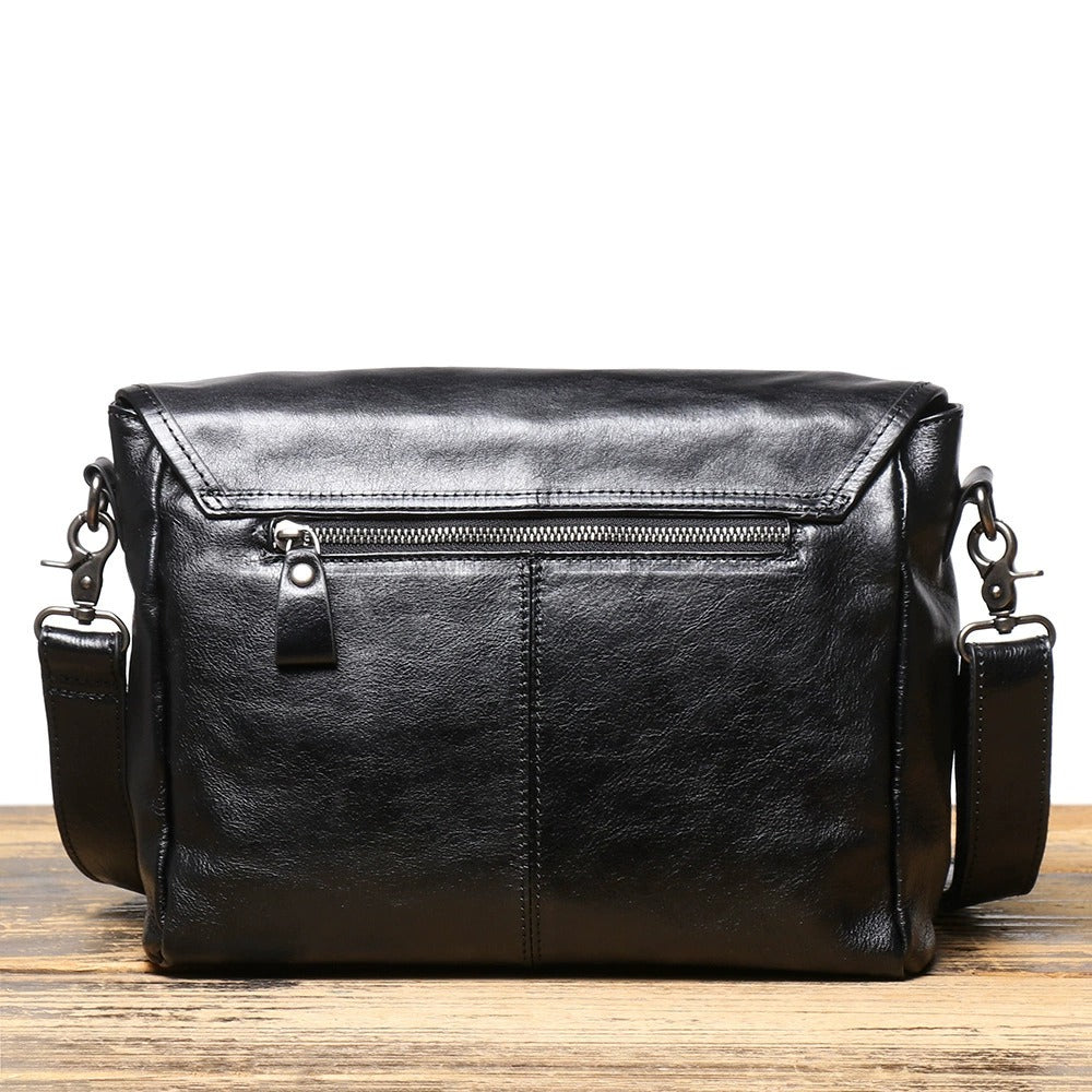 Woosir Black Full-Grain Leather Messenger Bag rear view