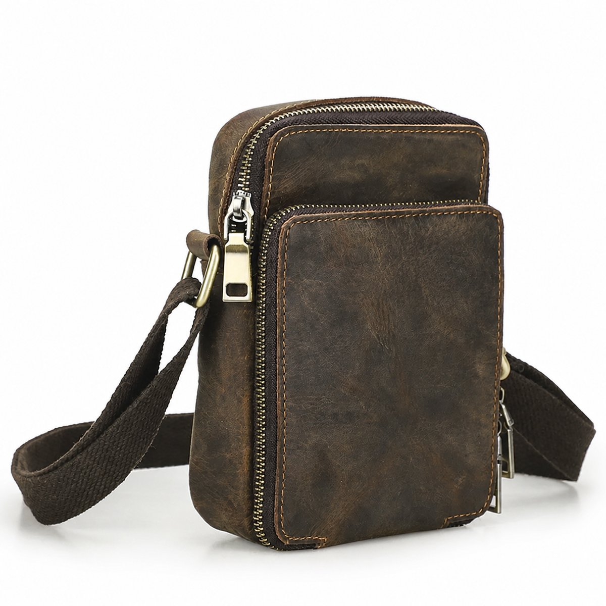 Coffee pebbled leather phone bag zipper and hardware detail