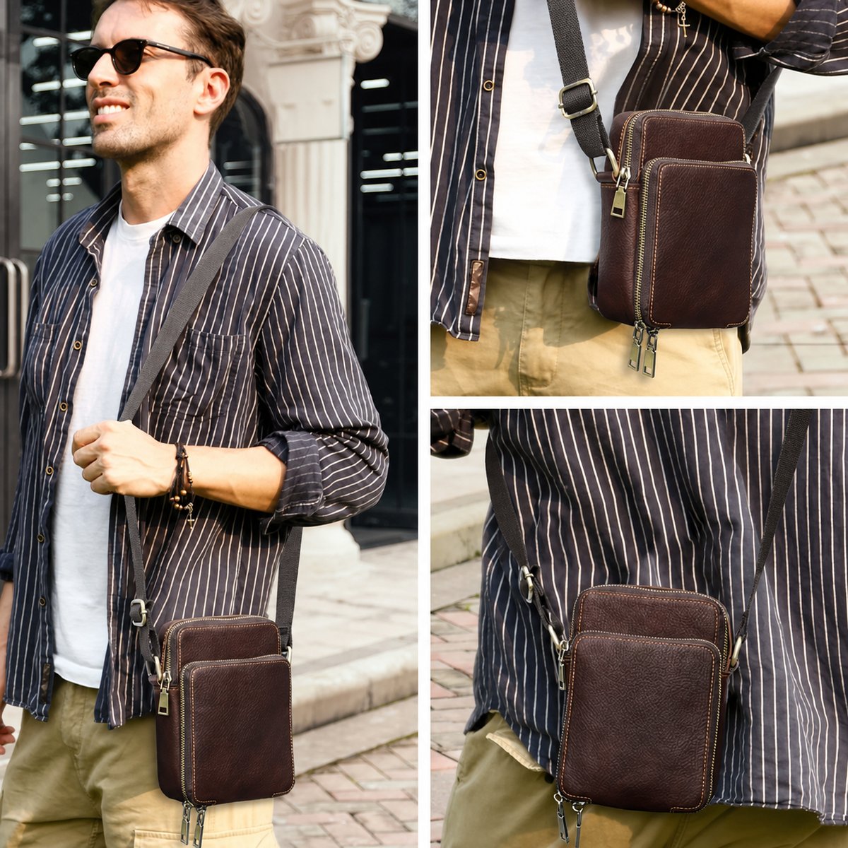 Coffee pebbled leather phone bag open compartments