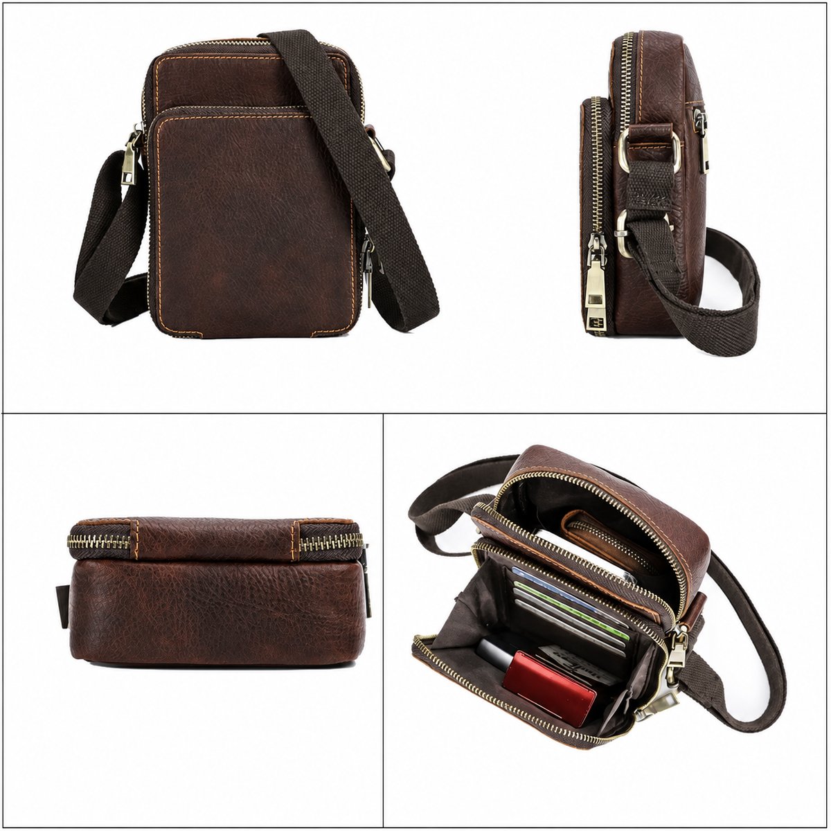Coffee pebbled leather phone crossbody bag side profile