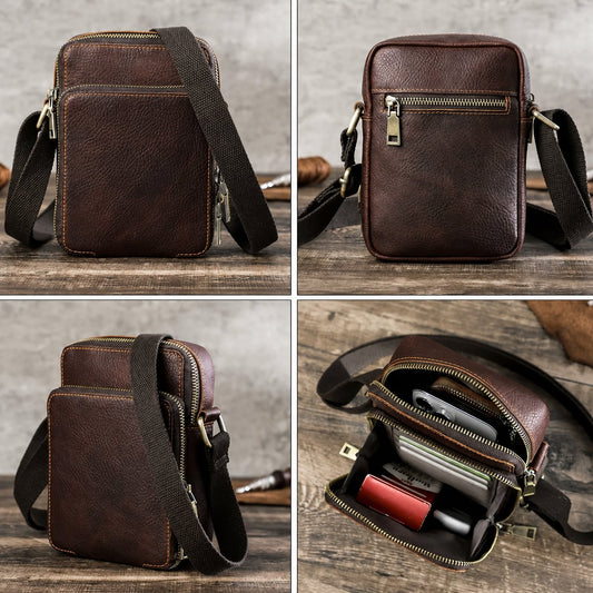 Coffee pebbled leather phone crossbody bag front view