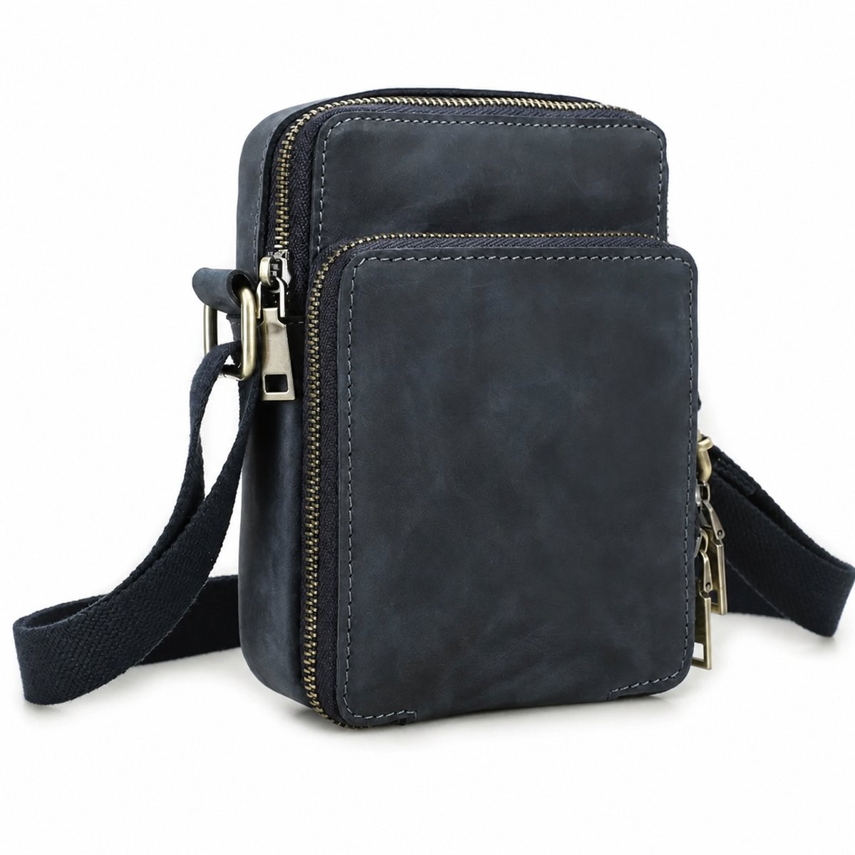 Navy compact leather phone bag rear view