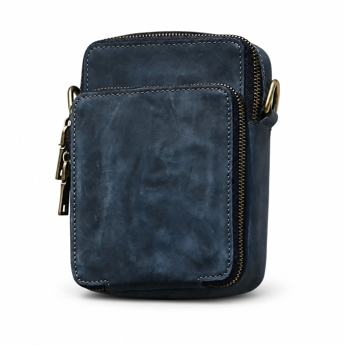 Navy genuine leather phone crossbody bag white background front view