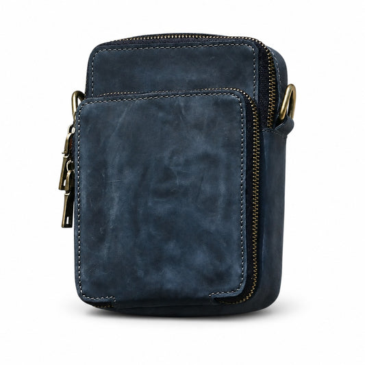 Navy genuine leather phone crossbody bag white background front view