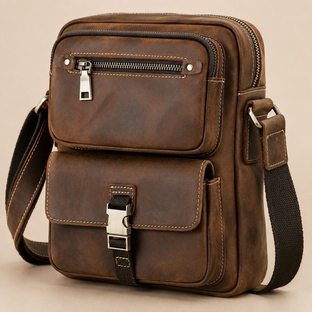 Woosir crazy horse leather ipad crossbody bag front close up detail