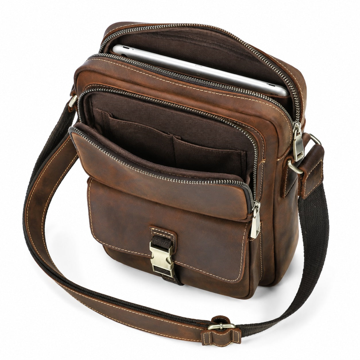 Crazy horse leather iPad crossbody bag interior compartments
