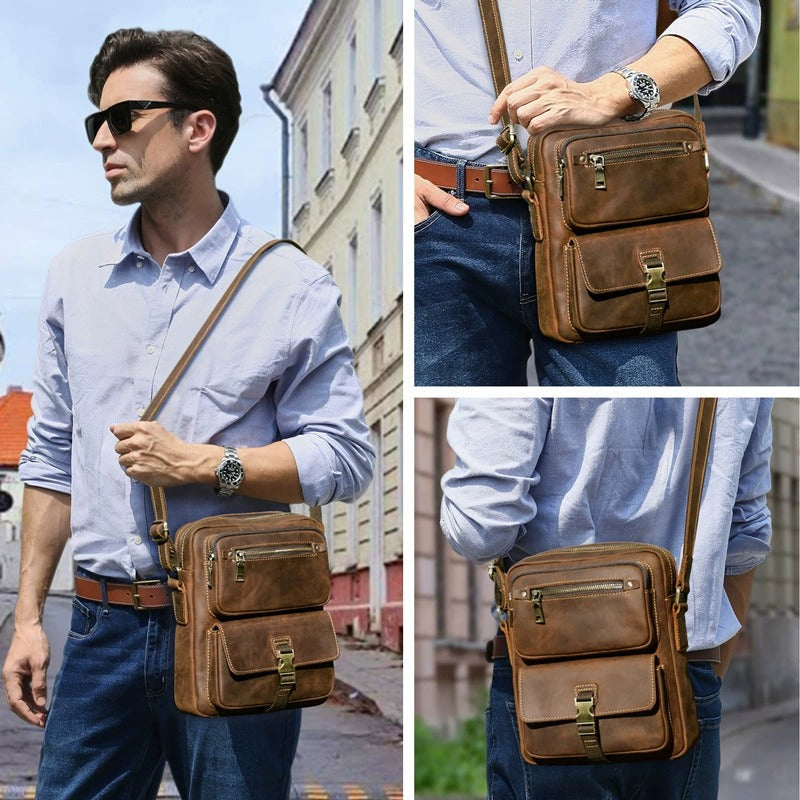 Leather iPad crossbody bag lifestyle view