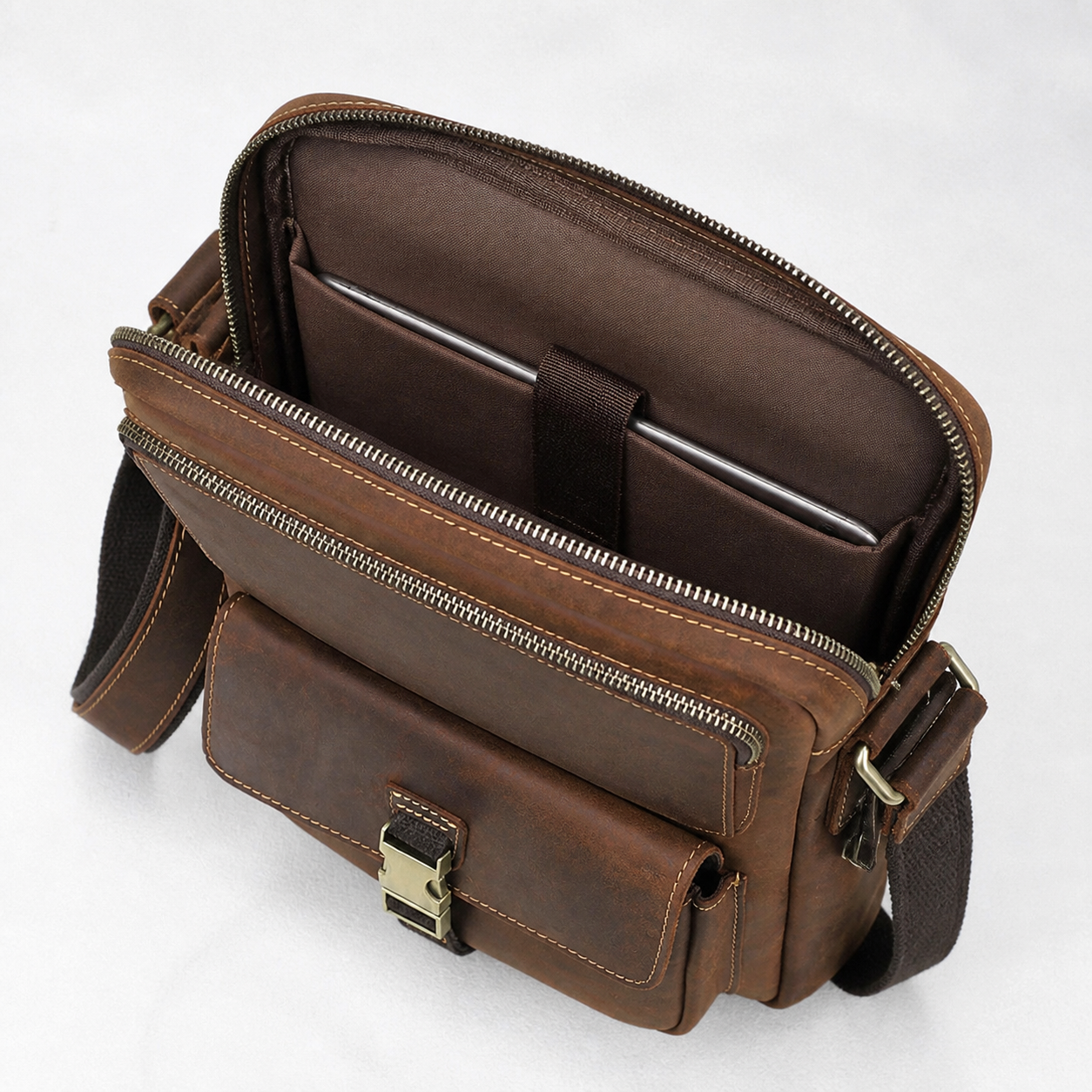 Woosir crazy horse leather ipad crossbody bag open interior storage