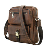 Crazy horse leather iPad crossbody bag on white background