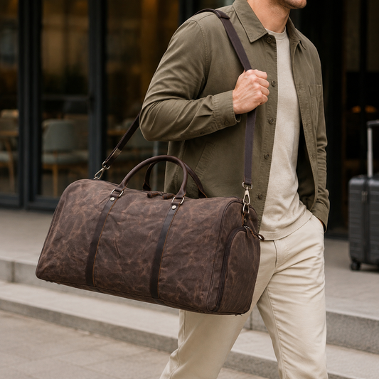Waxed Canvas Genuine Leather Duffle Bag with Shoe Compartment exact product model side lifestyle