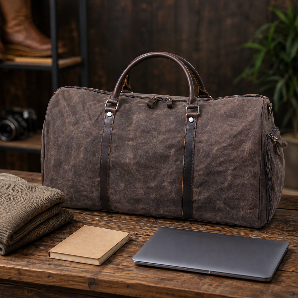 Waxed Canvas Genuine Leather Duffle Bag with Shoe Compartment exact product scene desk lifestyle
