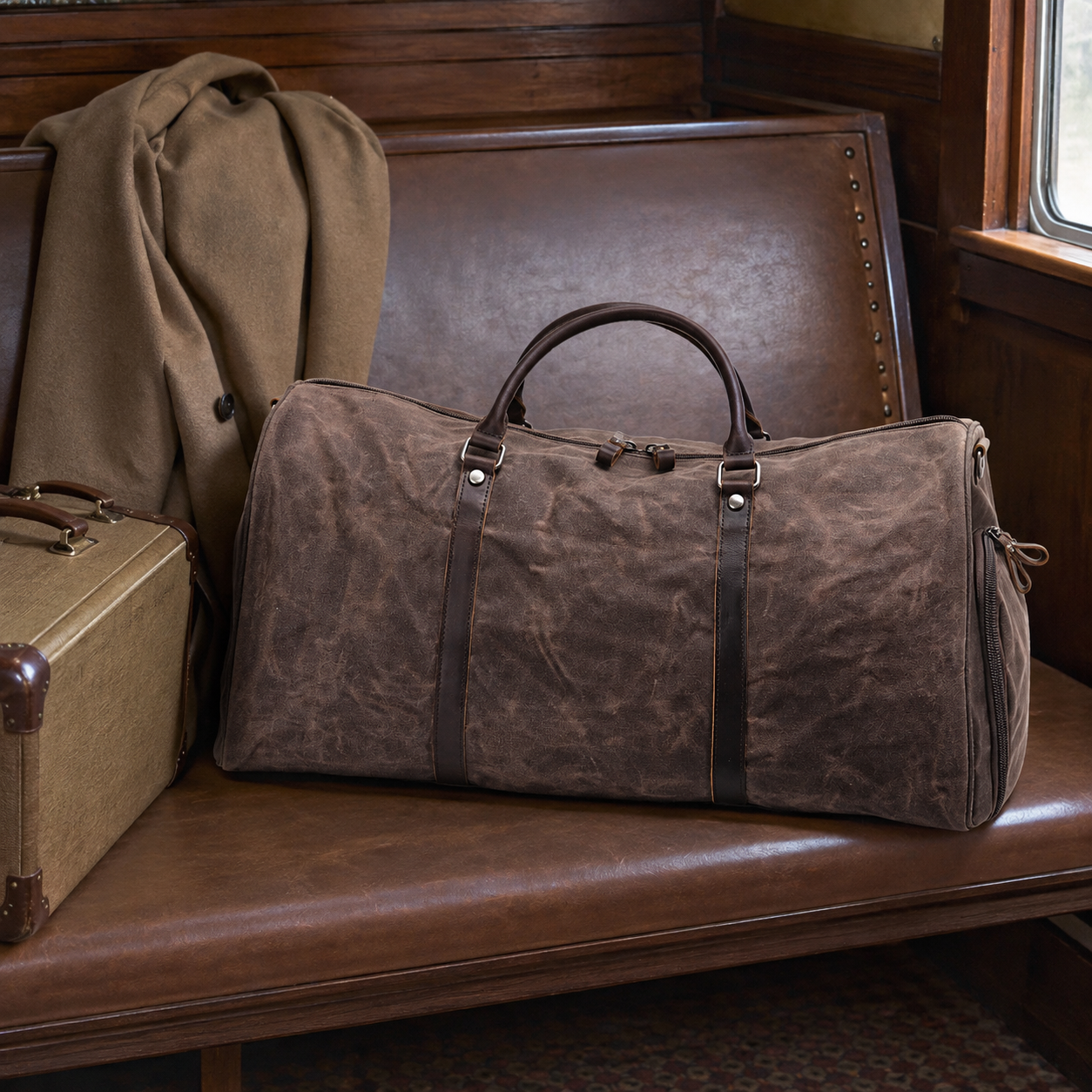 Waxed Canvas Genuine Leather Duffle Bag with Shoe Compartment exact product scene travel lifestyle