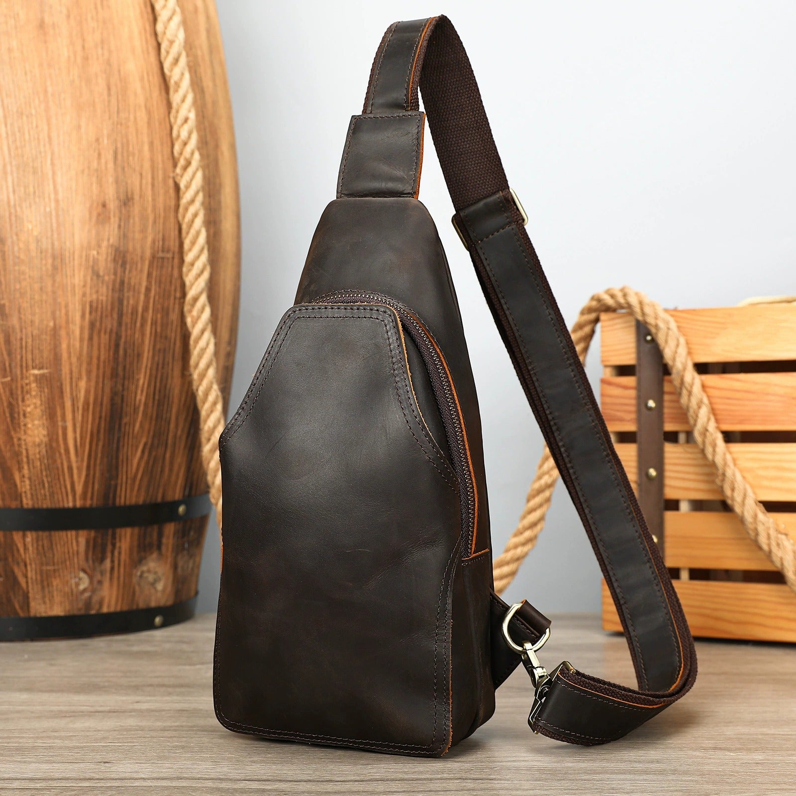 Woosir full grain leather compact chest bag clean product angle