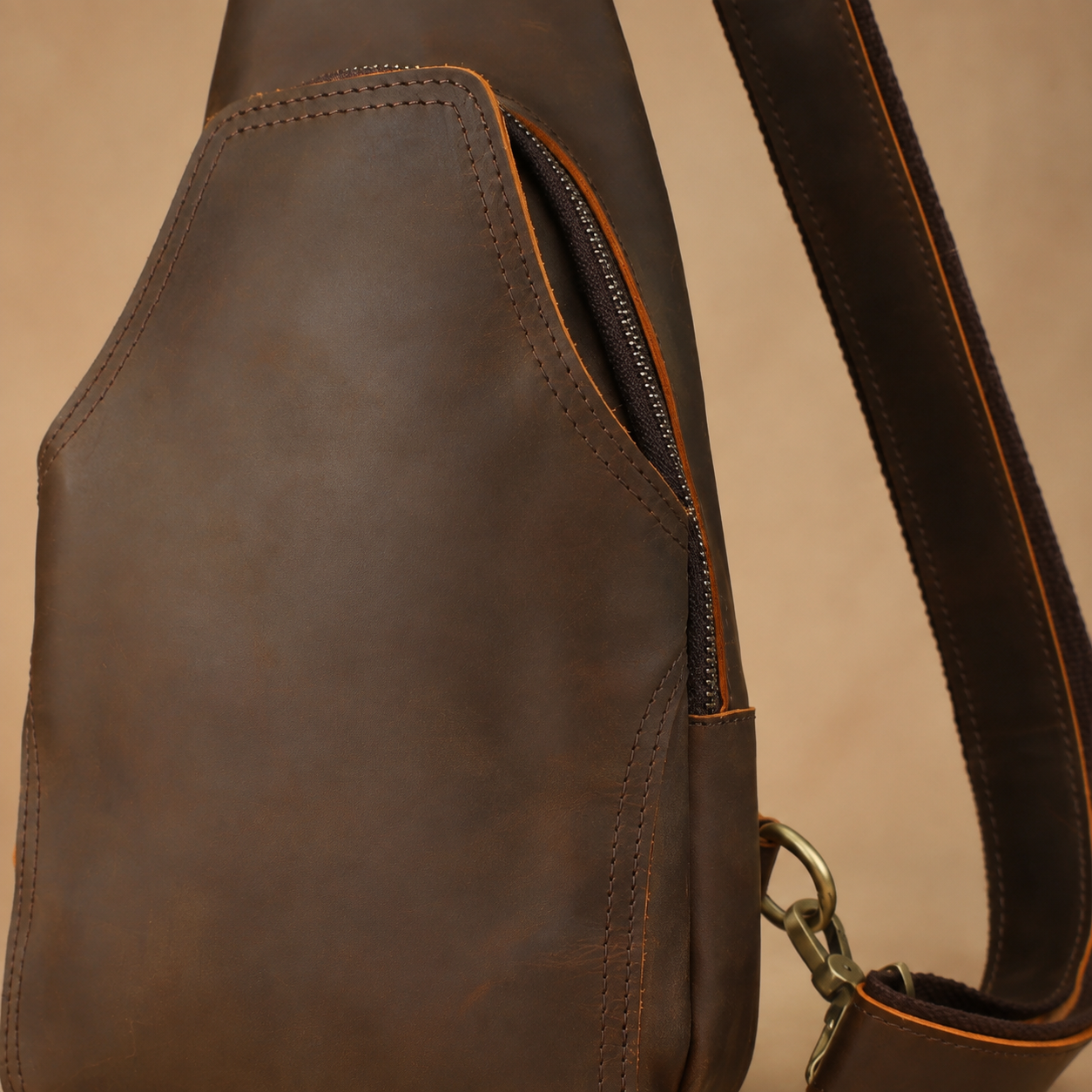 Woosir full grain leather compact chest bag front zipper detail
