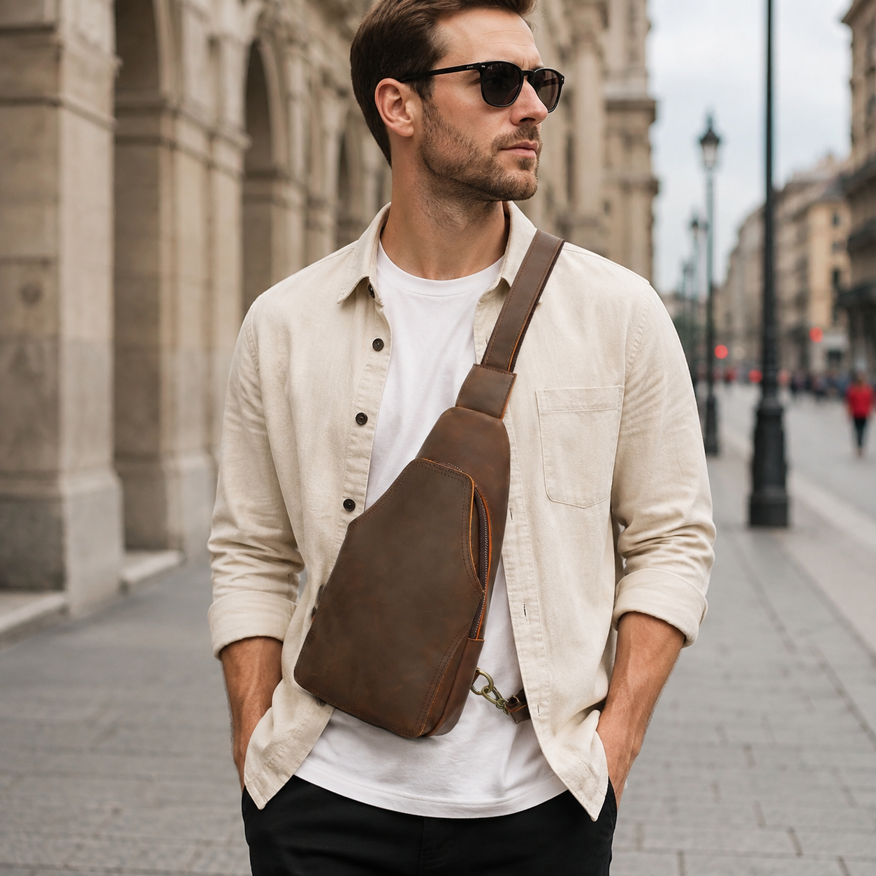 Woosir full grain leather compact chest bag model travel wearing
