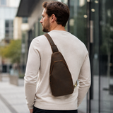 Woosir full grain leather compact chest bag rear three quarter view