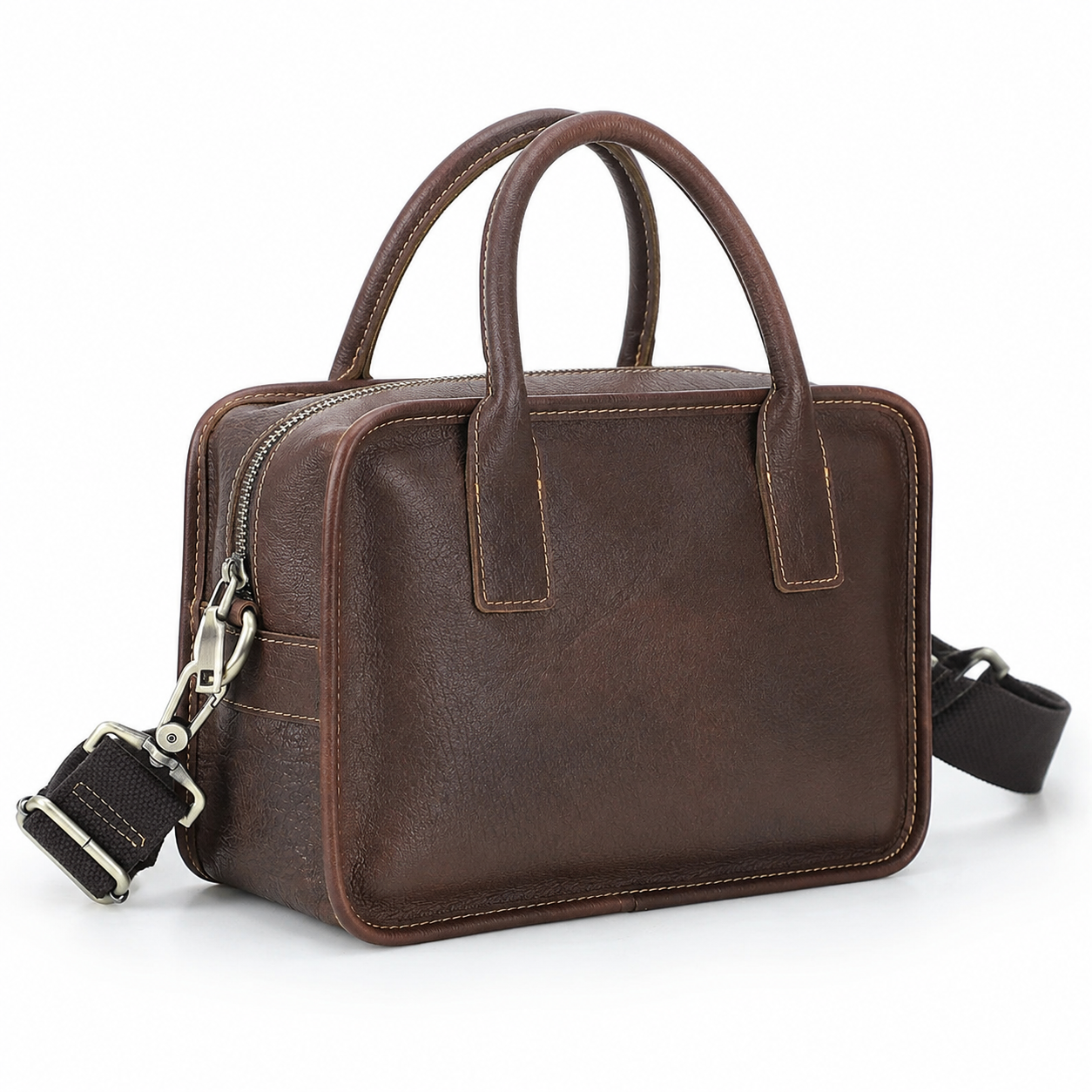 Woosir full grain leather compact crossbody handbag model front wearing