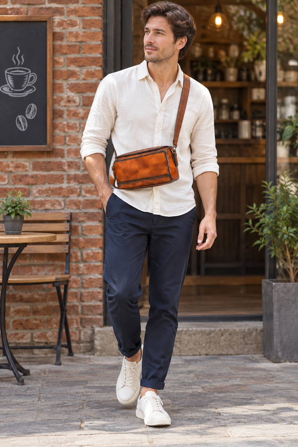 Woosir Vintage Full-Grain Leather Compact Shoulder Bag male model cafe