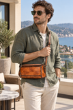 Woosir Vintage Full-Grain Leather Compact Shoulder Bag male model terrace