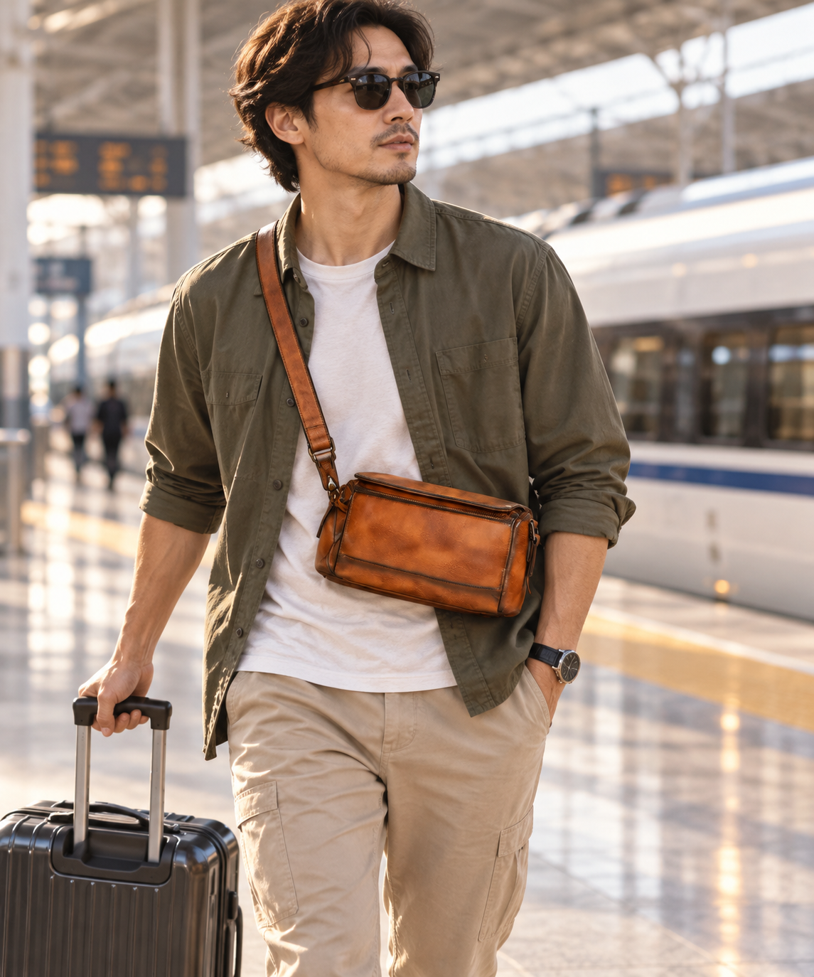 Woosir Vintage Full-Grain Leather Compact Shoulder Bag travel scene