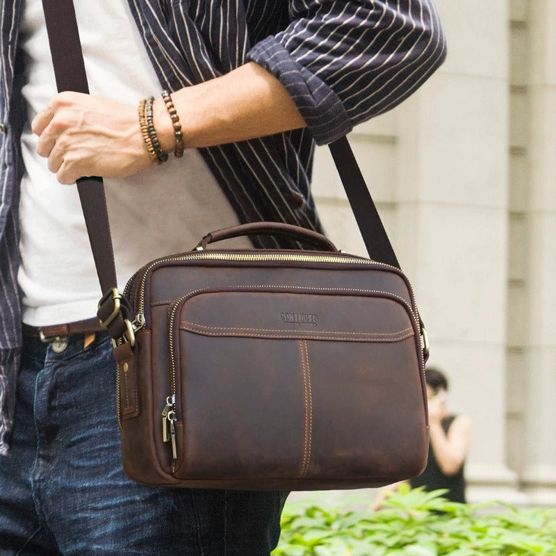 Genuine leather crossbody bag angled view