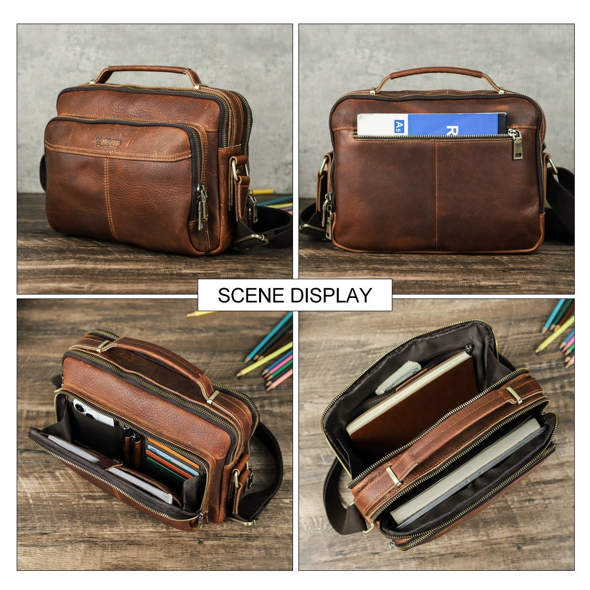 Vintage leather iPad crossbody bag lifestyle view