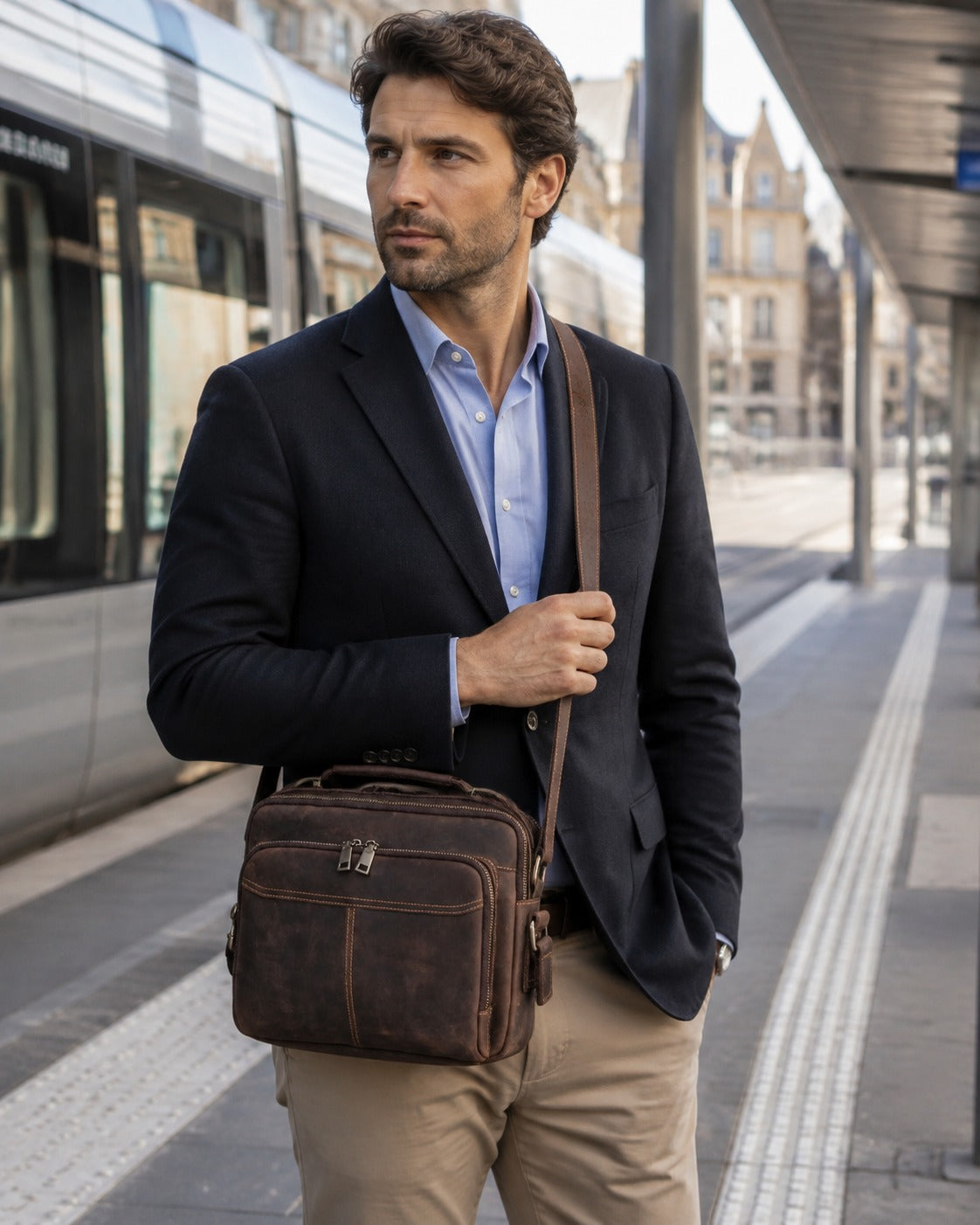 Full-grain leather iPad crossbody bag worn by model in an urban commute setting