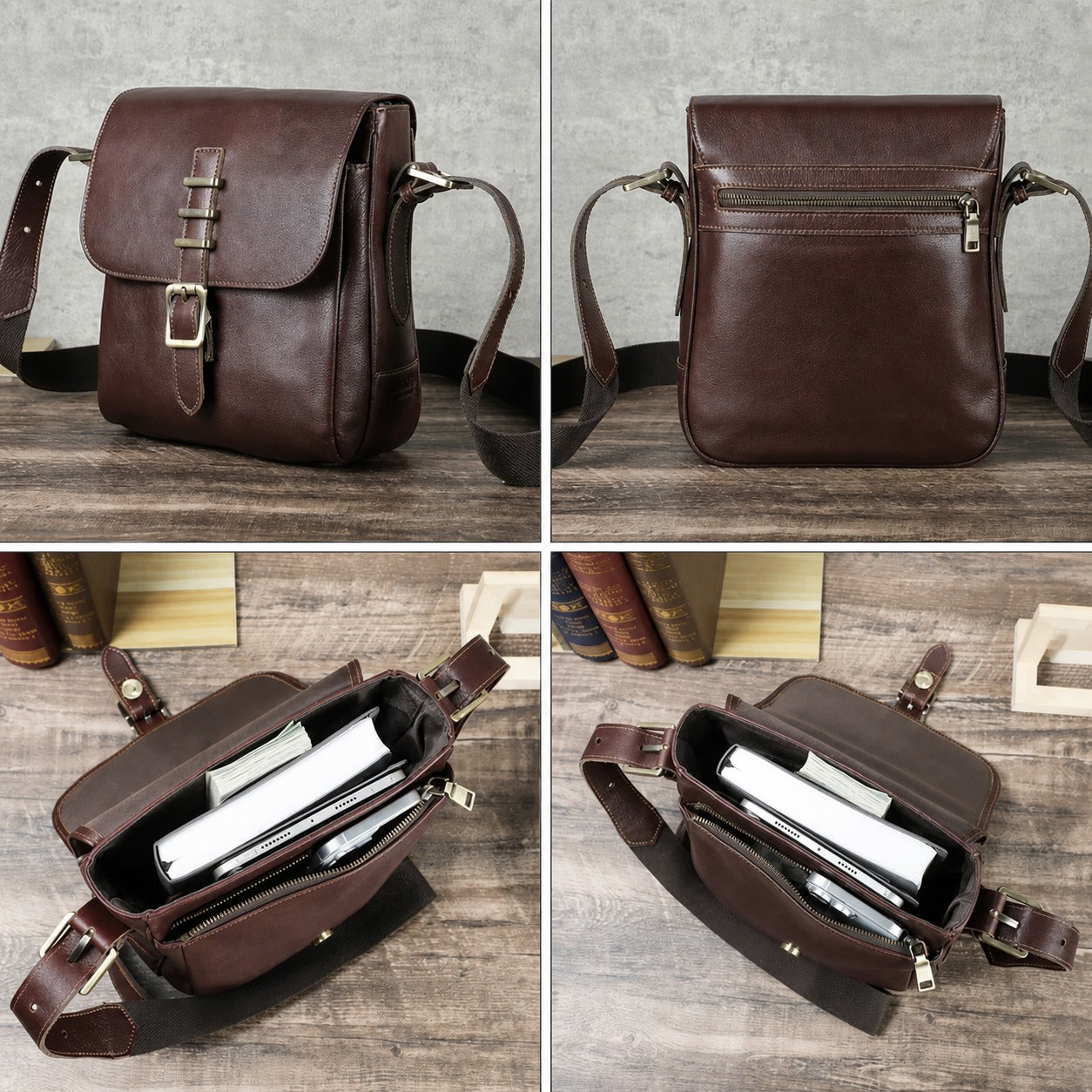 Leather messenger bag interior storage view