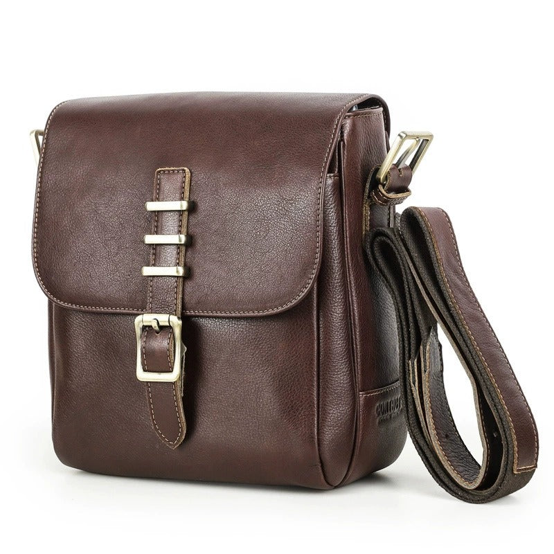 Leather messenger bag open compartment view