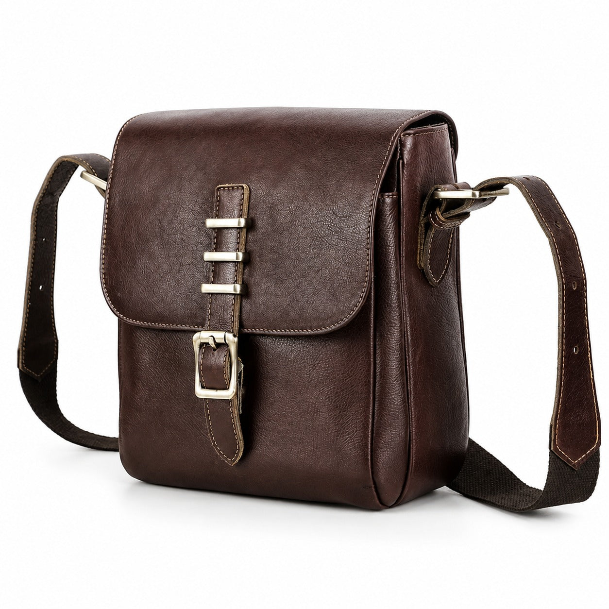 Dark brown full-grain leather iPad messenger bag white background front view
