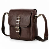 Dark brown full-grain leather iPad messenger bag white background front view