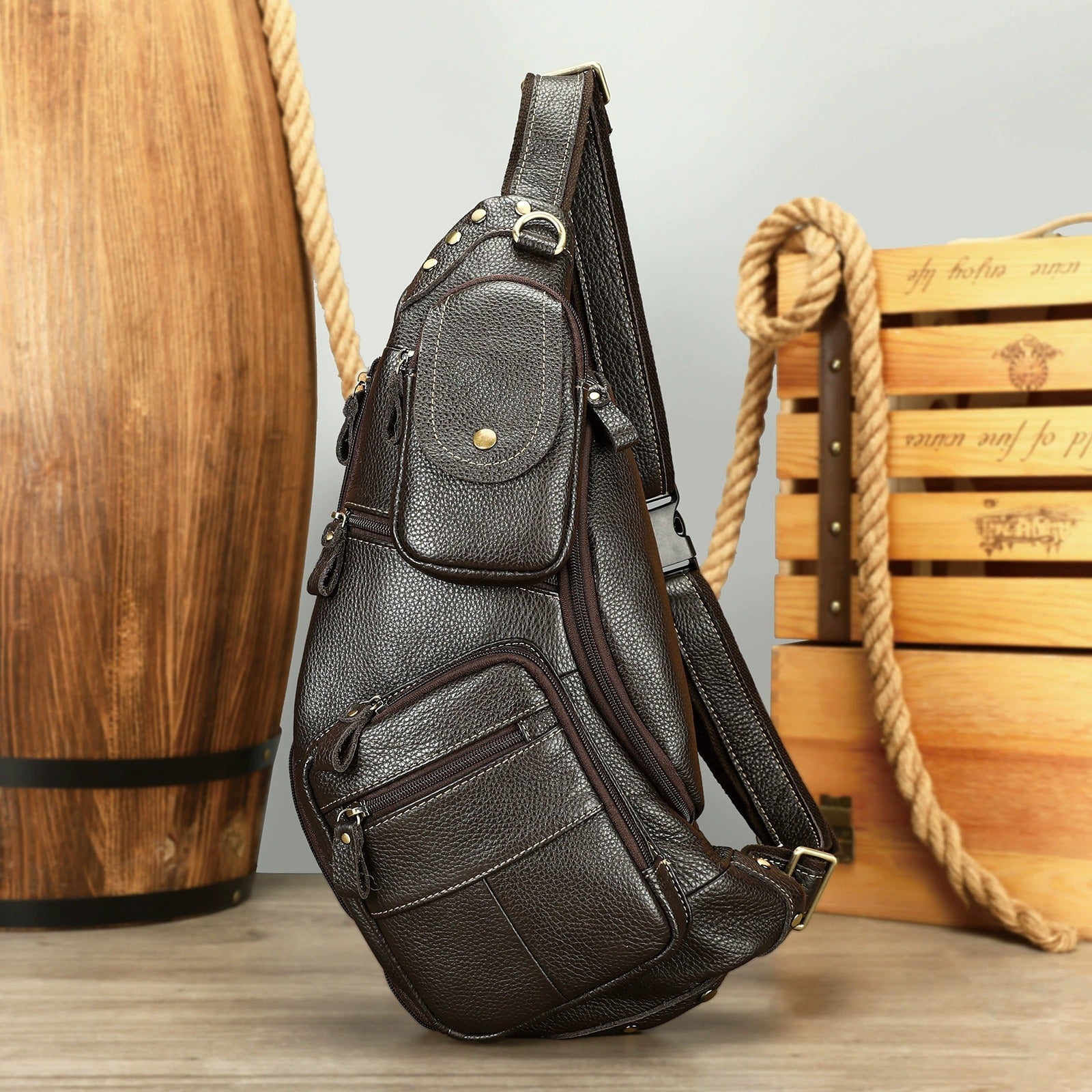 Woosir full grain leather large chest bag clean product angle