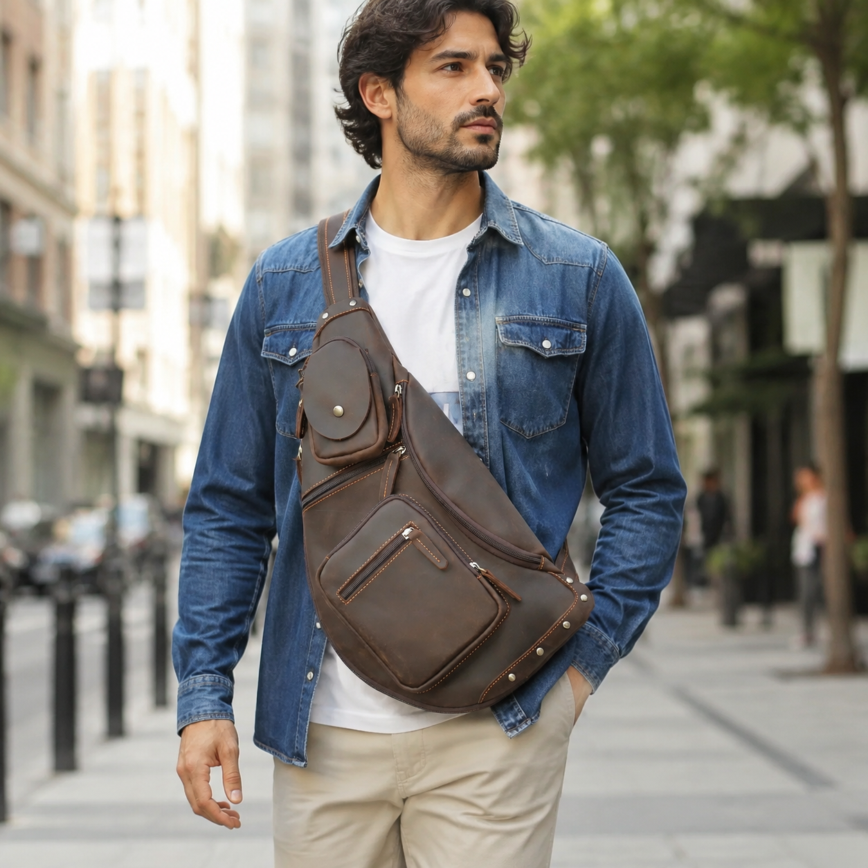 Woosir full grain leather large chest bag model front wearing
