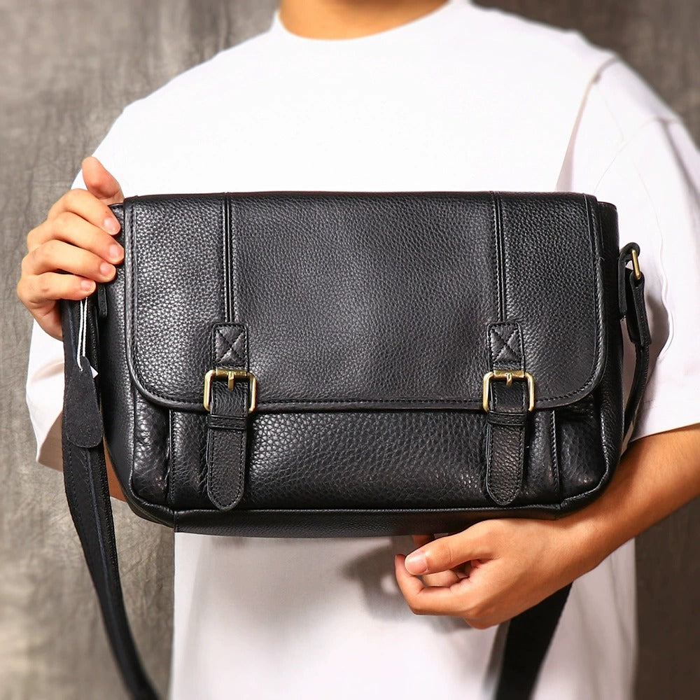 Black leather messenger bag back view