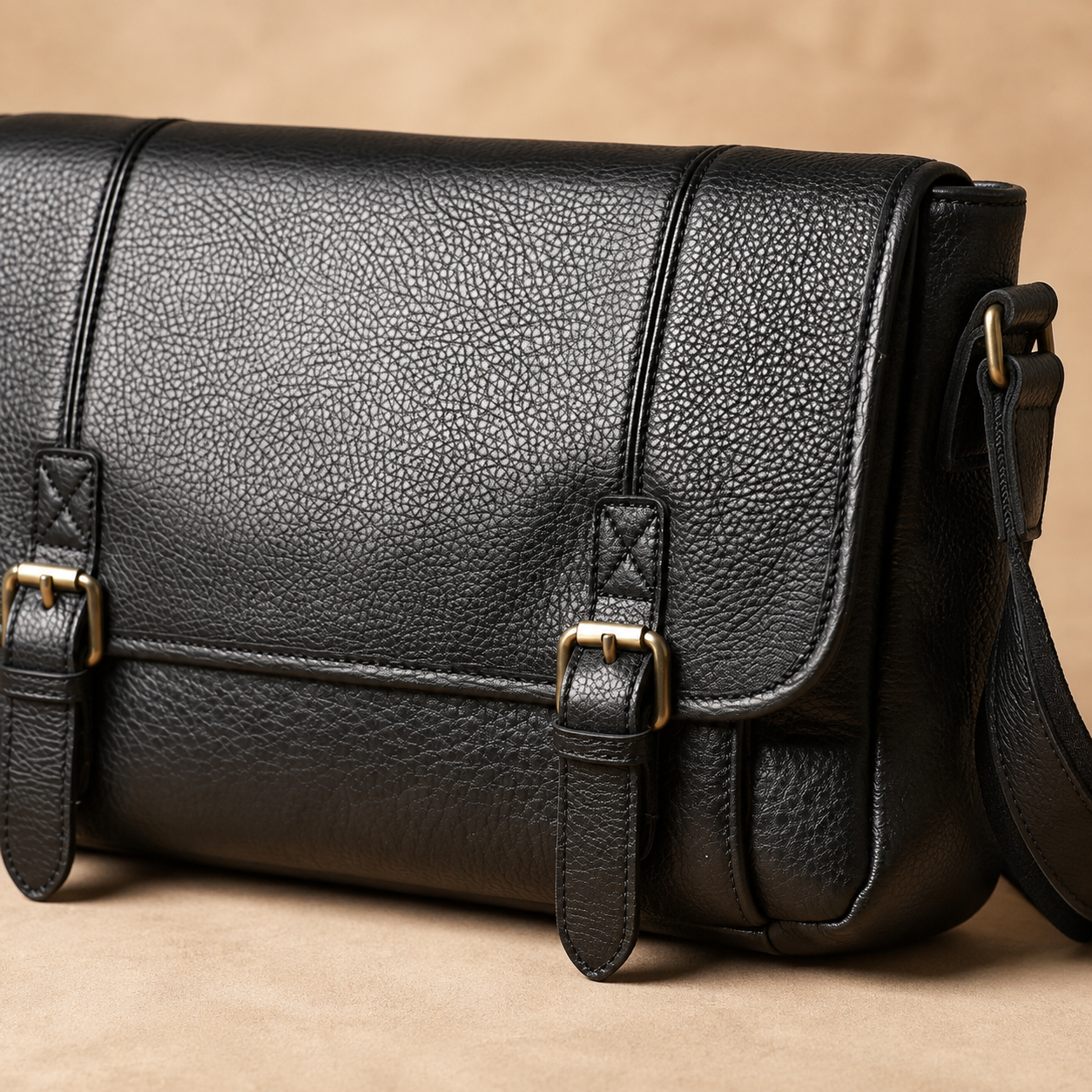 Woosir full grain leather large messenger bag closure stitching detail