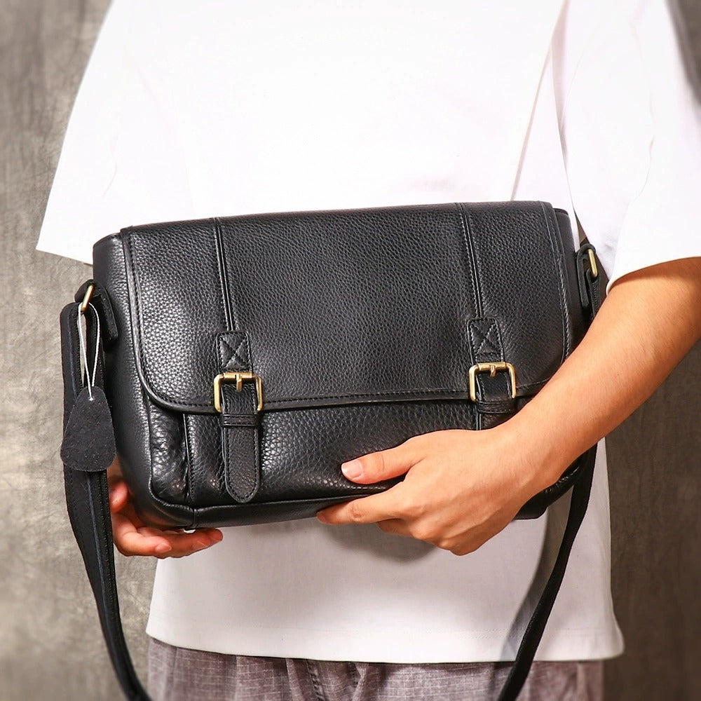 Leather messenger bag open storage
