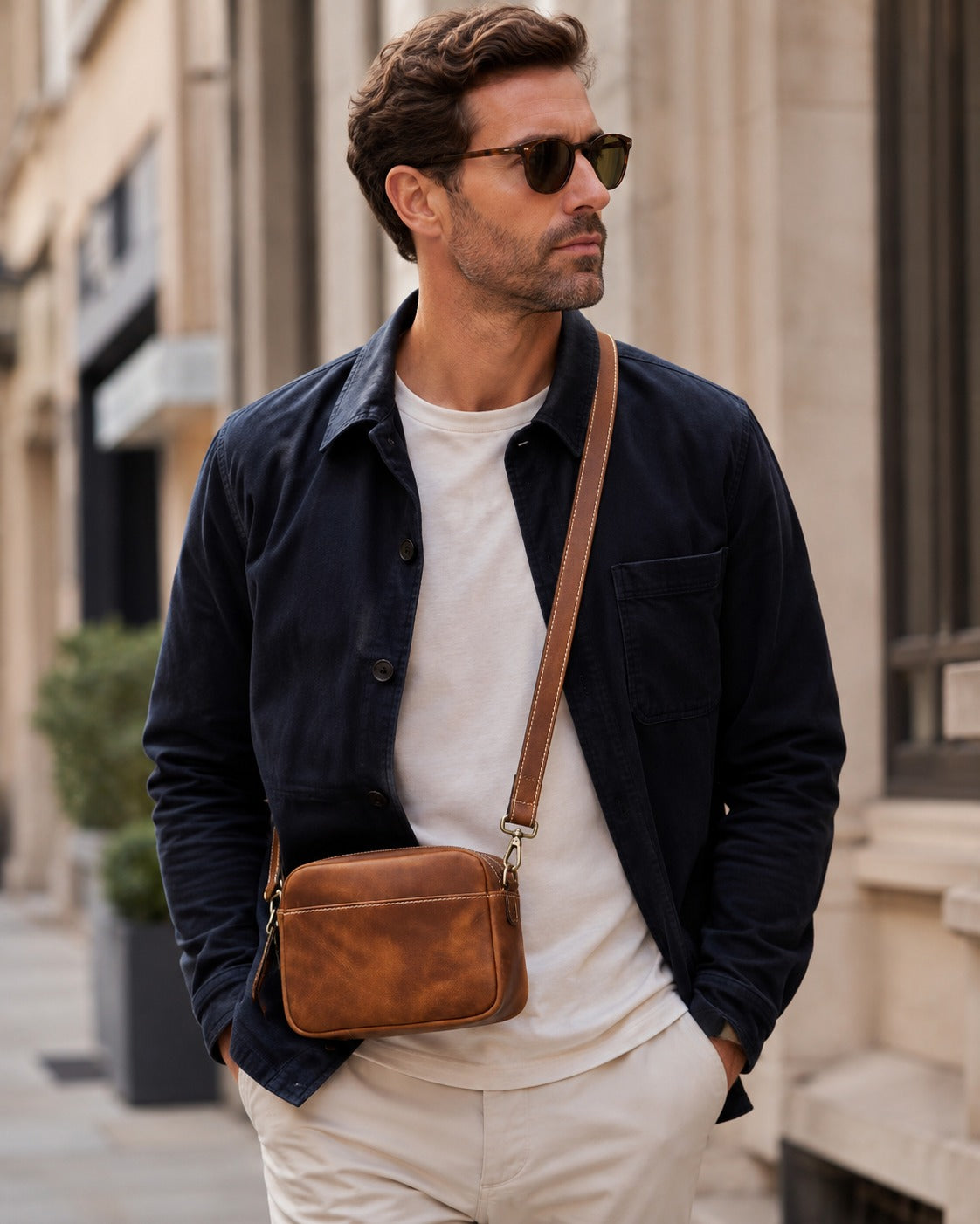 Full-grain leather multi-pocket crossbody bag worn by model