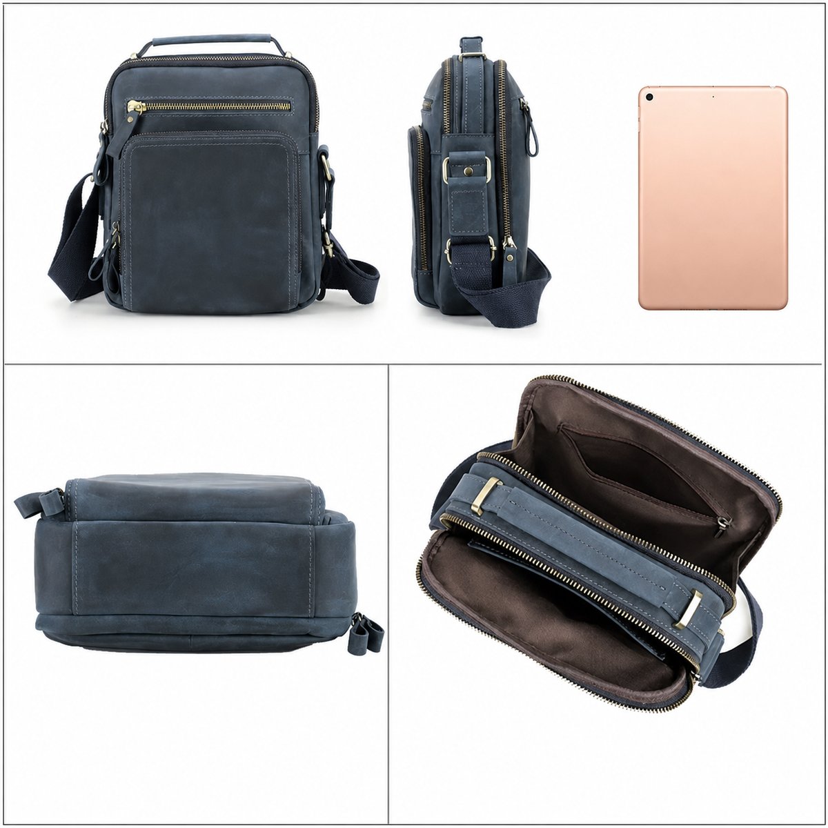 Black genuine leather multi-pocket crossbody bag front view