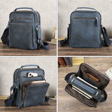 Brown genuine leather multi-pocket crossbody bag front view