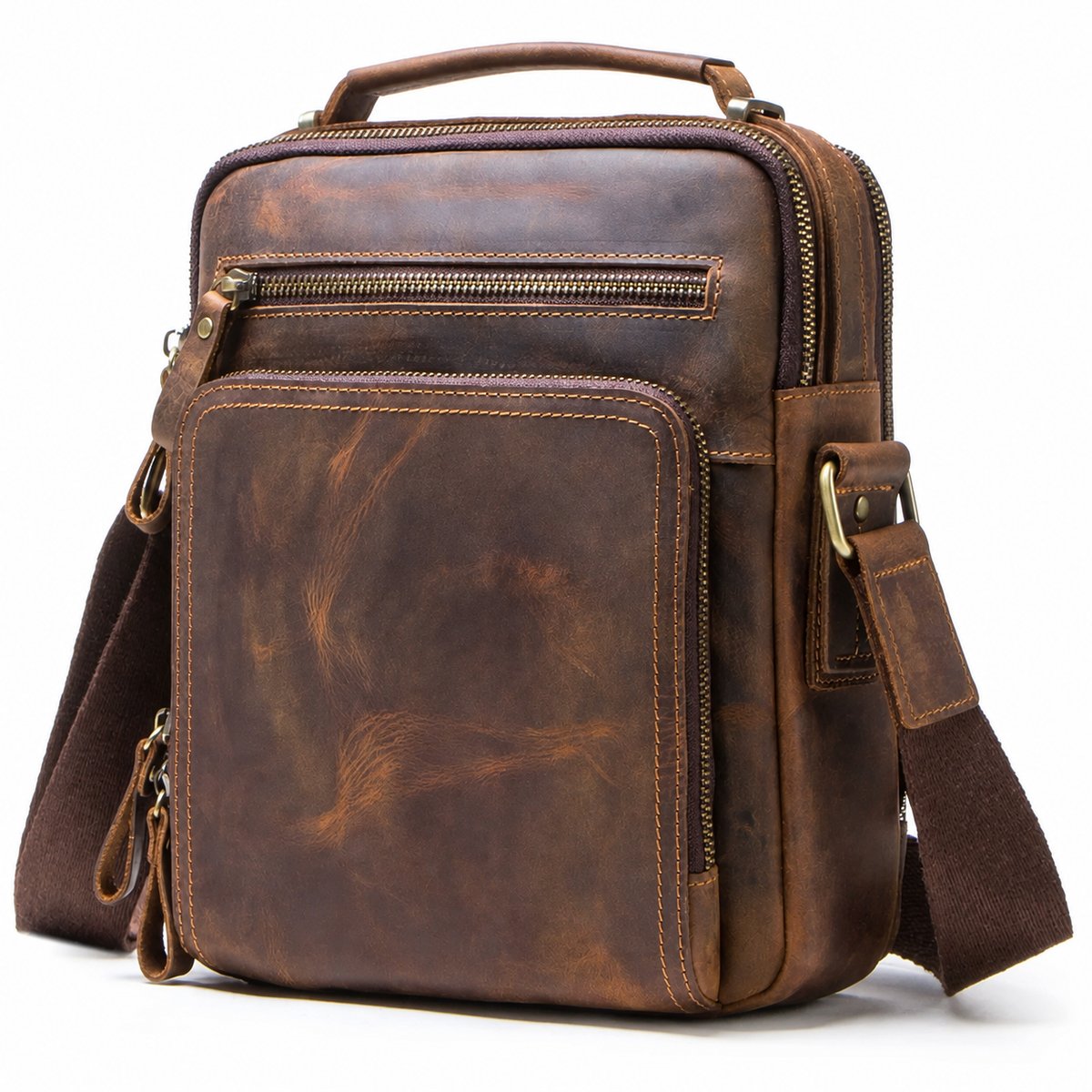 Multi-pocket leather crossbody bag front zipper pocket