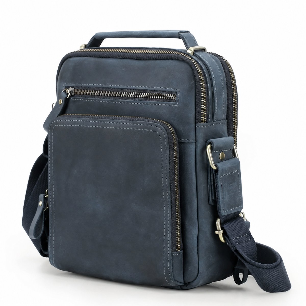 Genuine leather crossbody bag open compartments and storage
