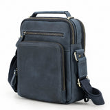 Genuine leather crossbody bag open compartments and storage