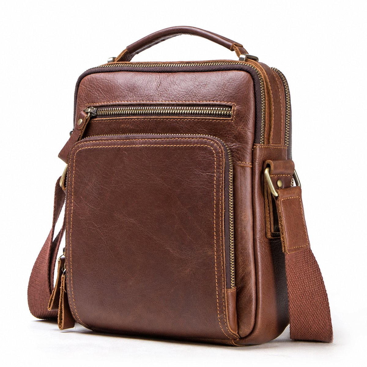 Genuine leather crossbody bag side profile and strap