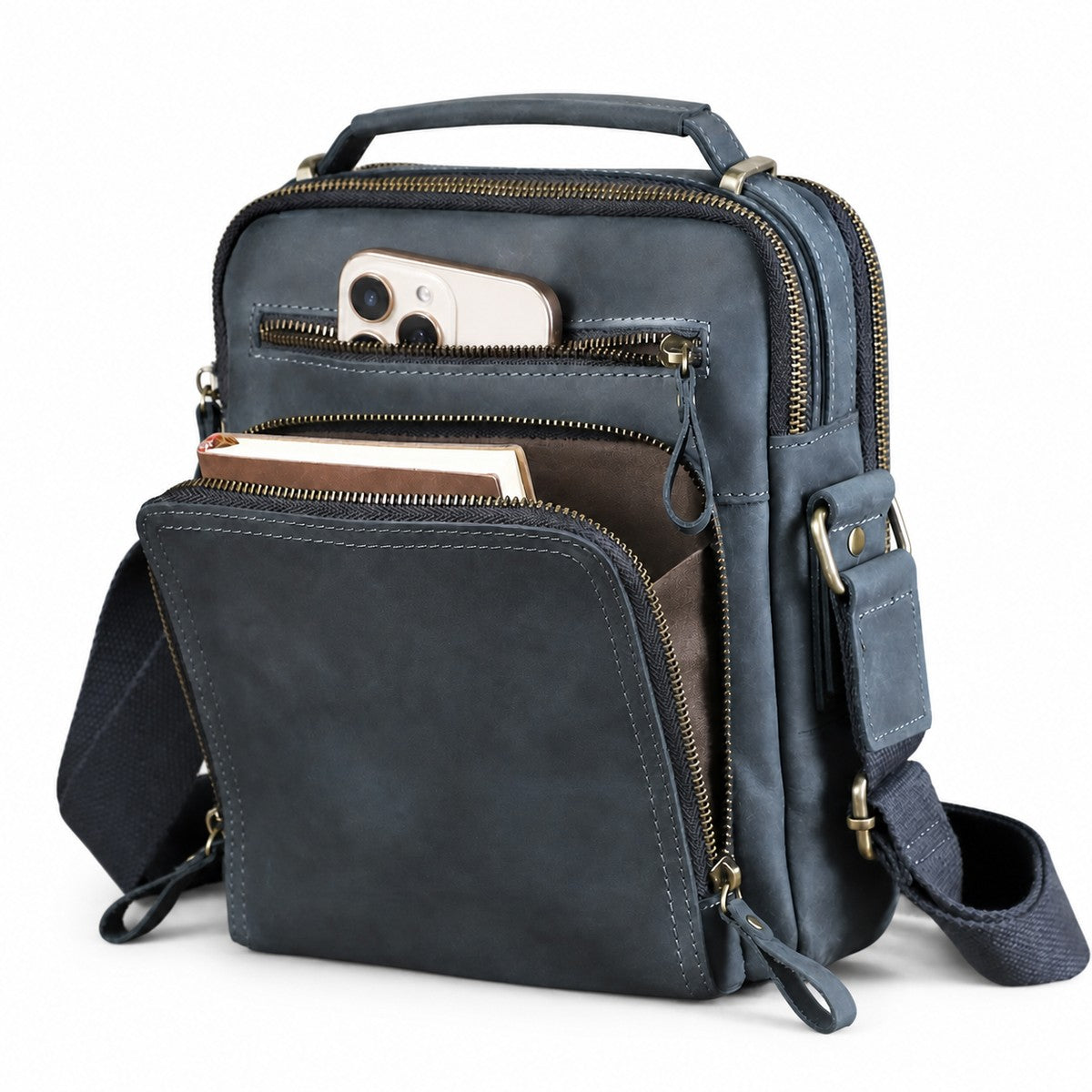 Navy genuine leather multi-pocket crossbody bag white background front view