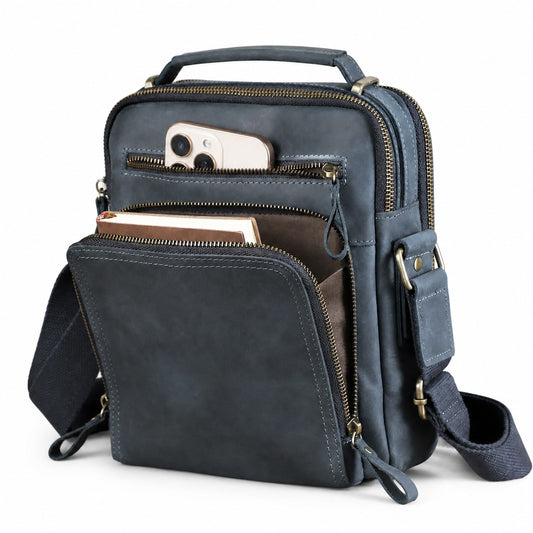 Navy genuine leather multi-pocket crossbody bag white background front view